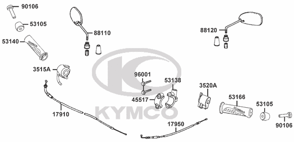 KYMCO K-PIPE 125 - F03 Zrcátka, rukojeti, spínače a ovládací lanka