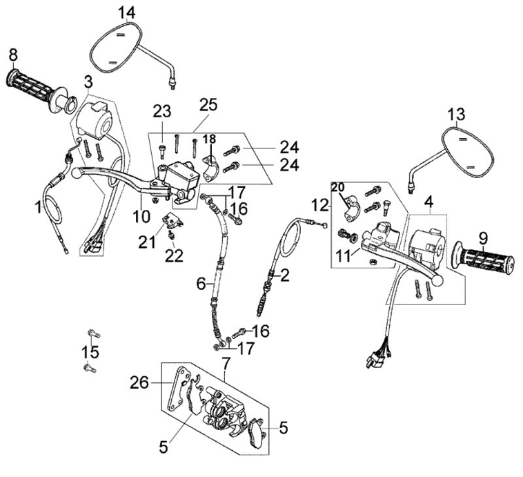 F01 - Nástavbové části řídítek,zrcátka a přední brzda